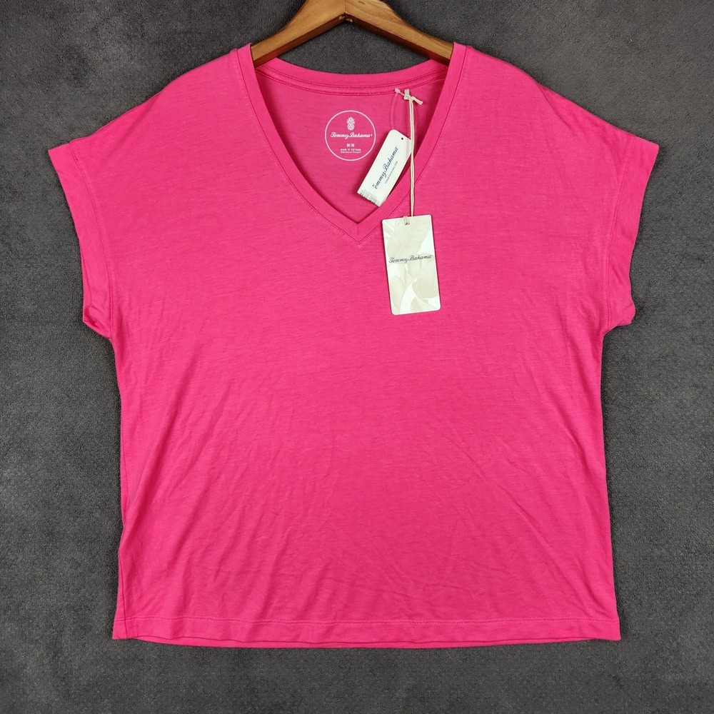 Tommy Bahama Kauai V Neck Shirt Womens Medium Pink Short Sleeve Jersey Tee NEW